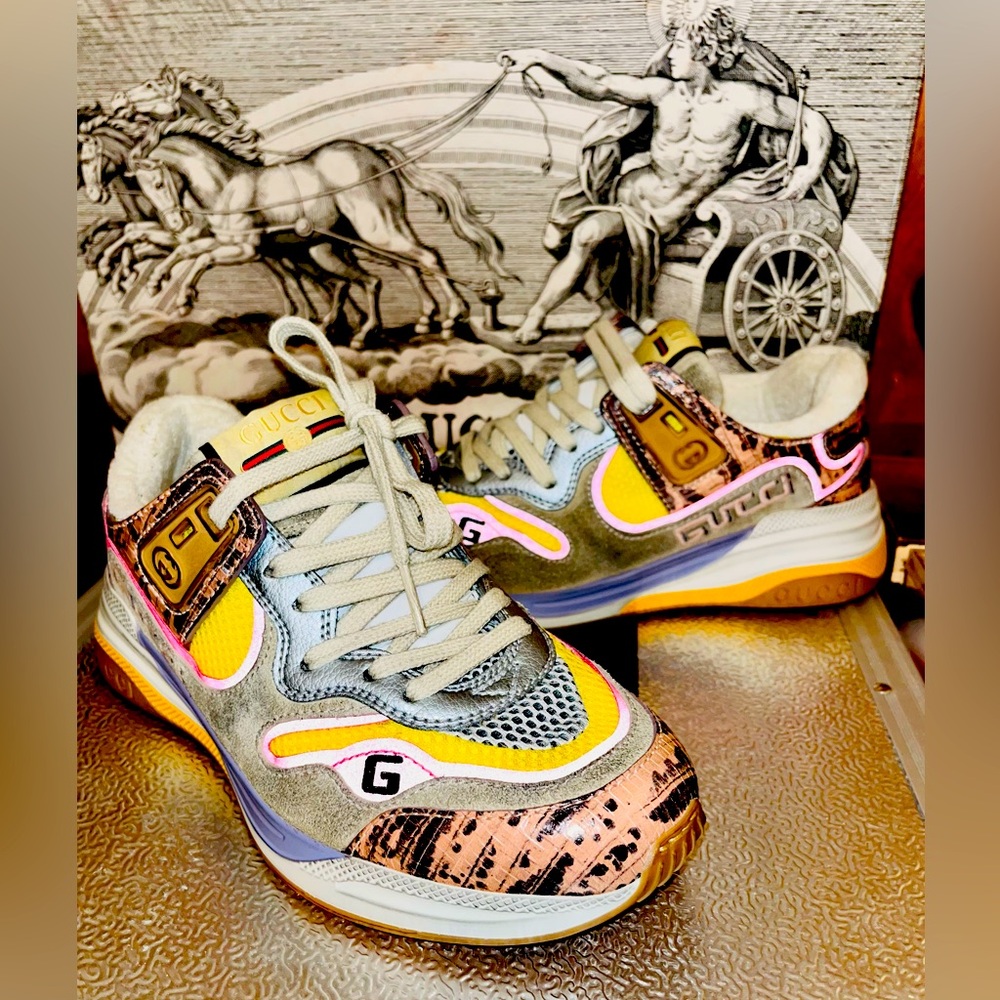 GUCCI Ultrapace Ace Snake Leather Distressed Suede Sneakers - Picture 1 of 12